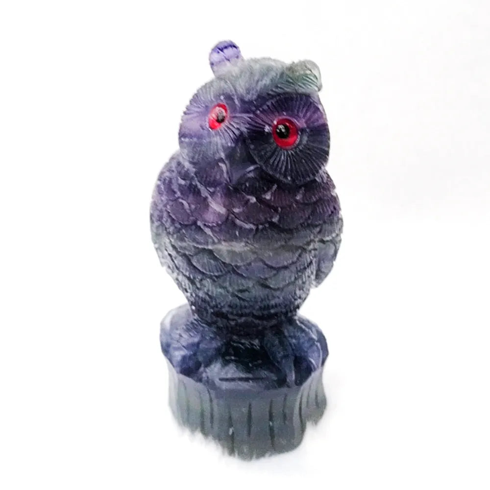 Purple fluorite hand-carved owl ornament measuring approximately 4 inches in height
