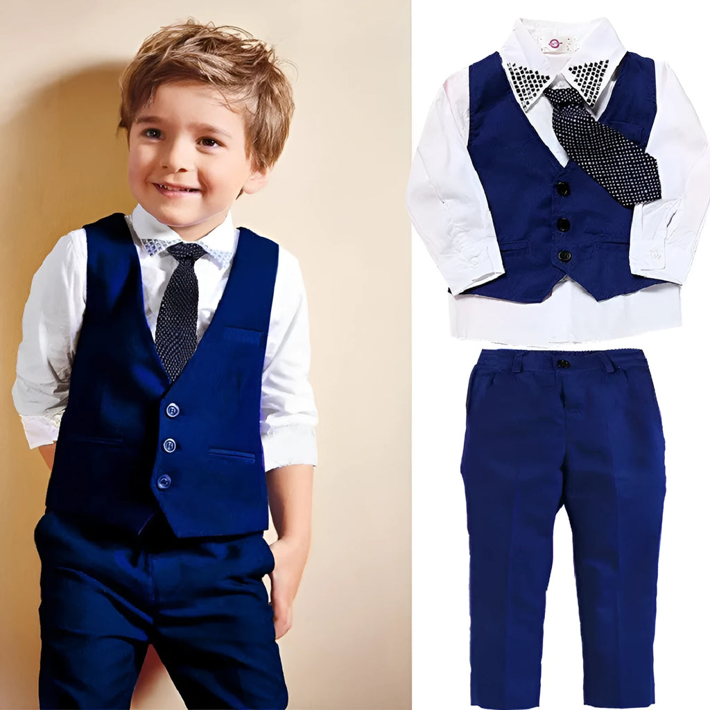 Blue boys' casual suit comprising a turtleneck, waistcoat, tie, and trousers on a hanger.