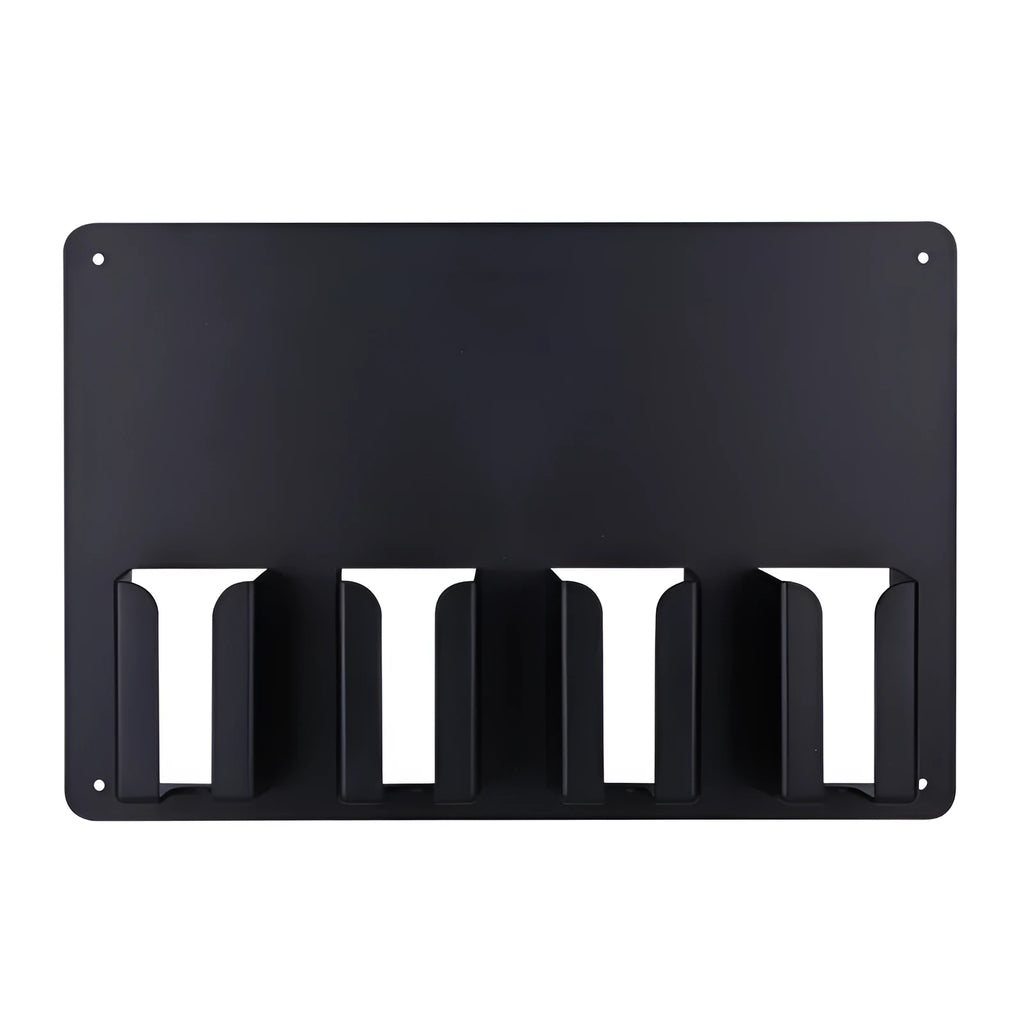Black plastic clipper display box storage frame mounted on wall holding four electric hairdressing clippers