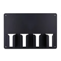 Black plastic clipper display box storage frame mounted on wall holding four electric hairdressing clippers