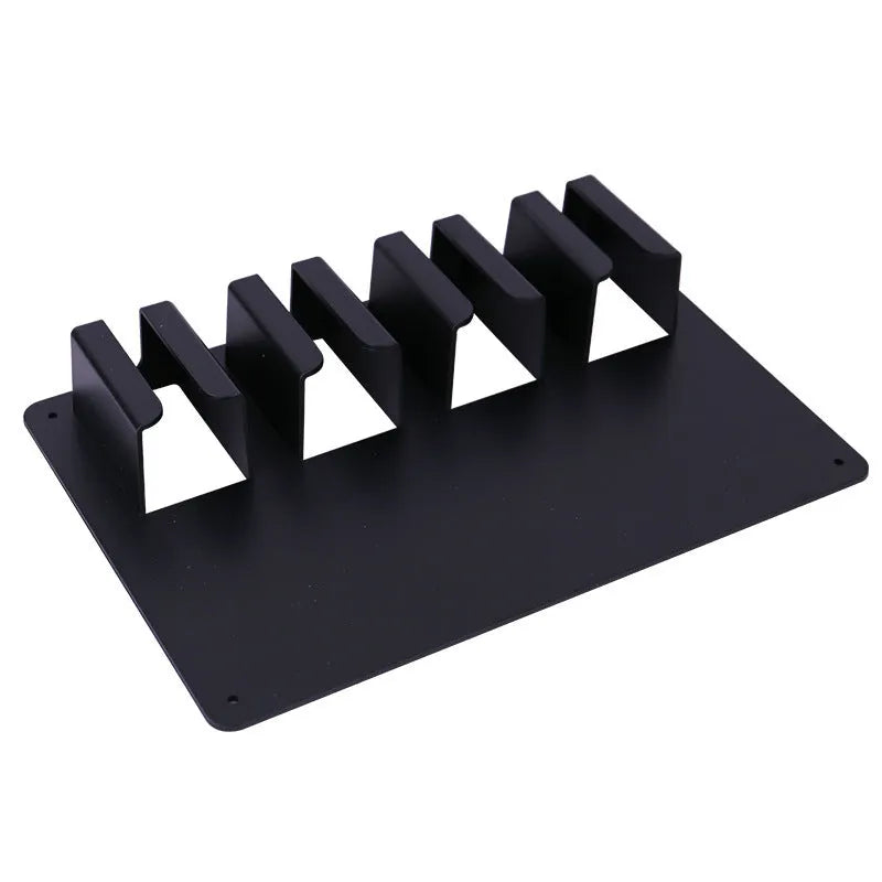 Black plastic clipper display box storage frame mounted on wall holding four electric hairdressing clippers