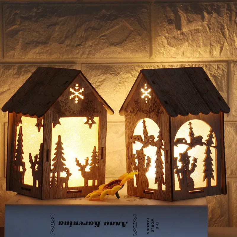 Set of three rustic handmade wooden Christmas ornaments: a small log bell, a Santa house, and a snowman house.