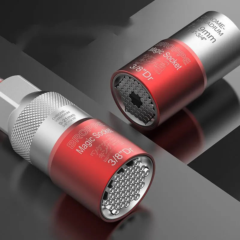 Red multi function socket set with 7-19mm and 9-21mm universal sleeves and wrench