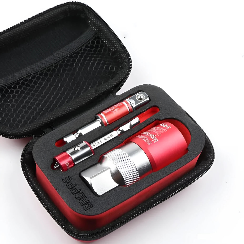 Red multi function socket set with 7-19mm and 9-21mm universal sleeves and wrench