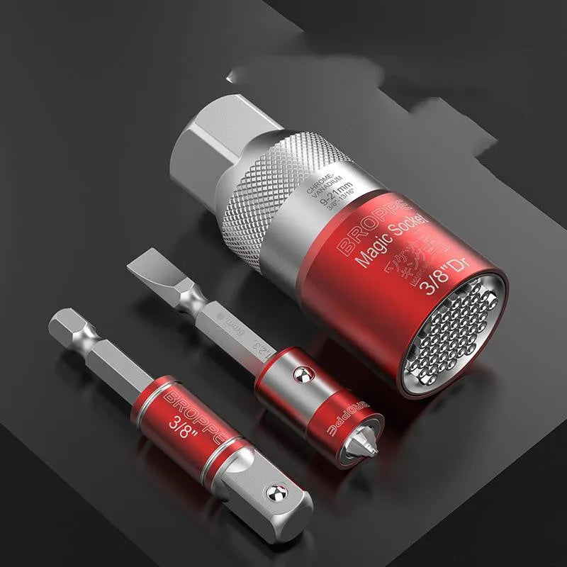 Red multi function socket set with 7-19mm and 9-21mm universal sleeves and wrench