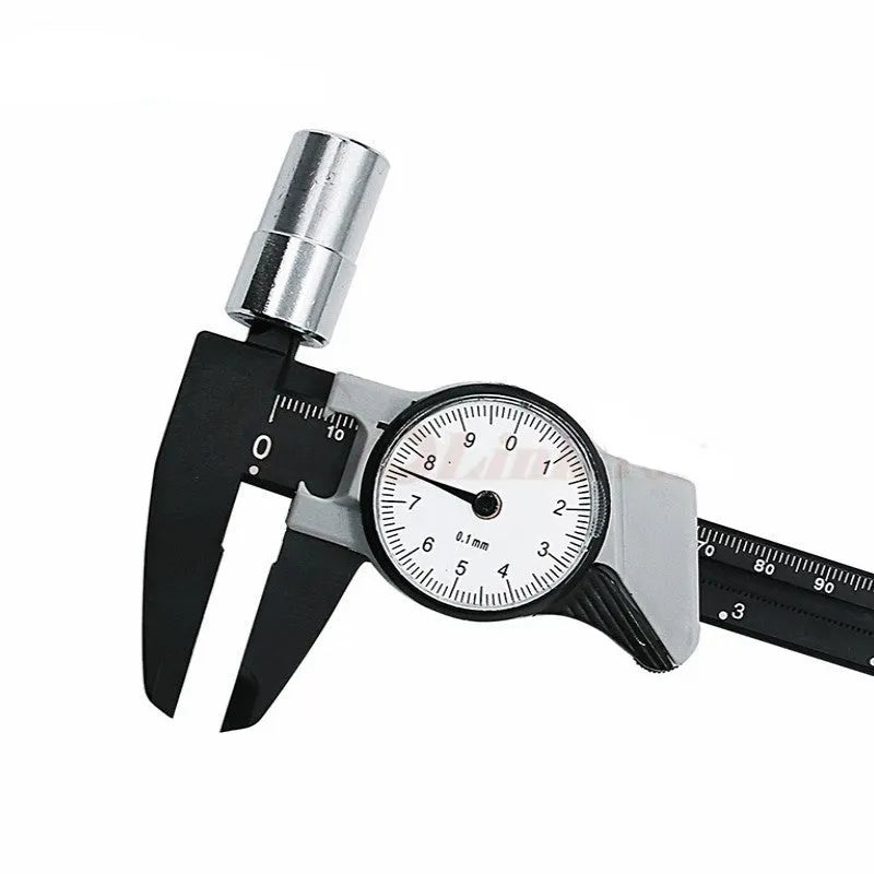 Black and white plastic vernier caliper showing 0-150mm scale with stainless steel measuring jaws