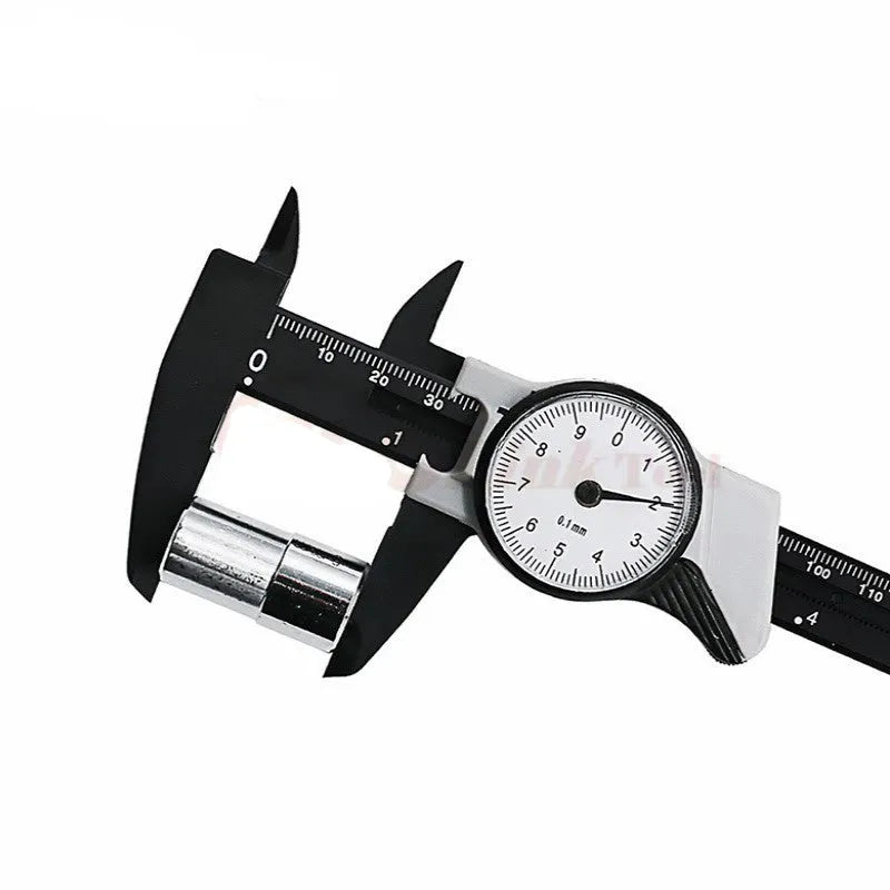 Black and white plastic vernier caliper showing 0-150mm scale with stainless steel measuring jaws