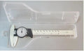 Black and white plastic vernier caliper showing 0-150mm scale with stainless steel measuring jaws