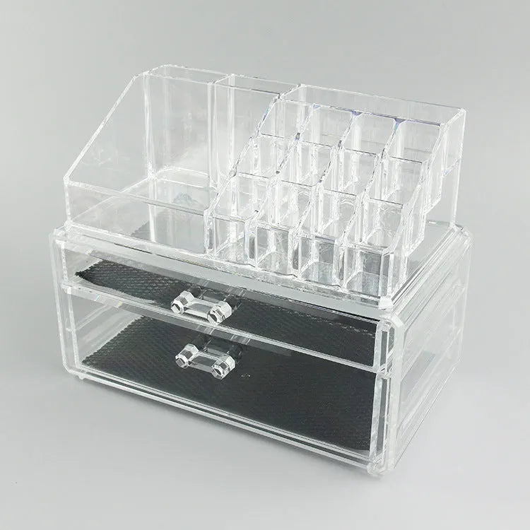 Clear acrylic foldable makeup storage box with 18-litre capacity on a dressing table.
