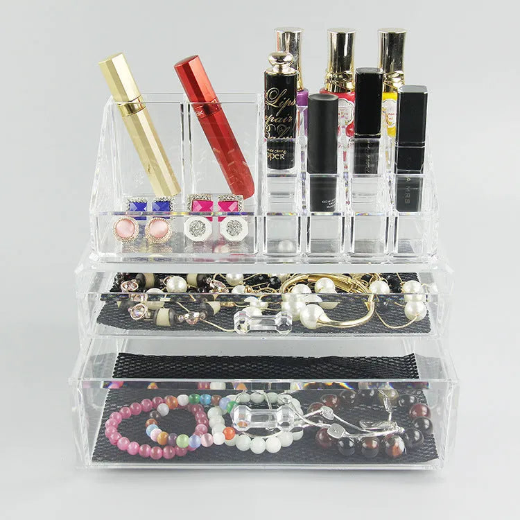 Clear acrylic foldable makeup storage box with 18-litre capacity on a dressing table.
