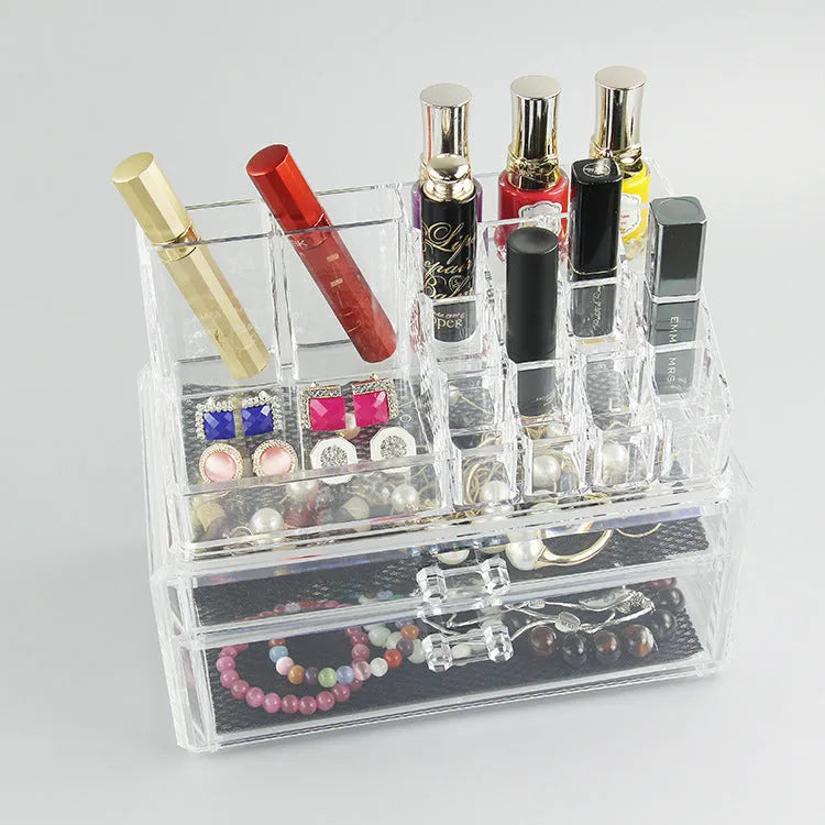 Clear acrylic foldable makeup storage box with 18-litre capacity on a dressing table.