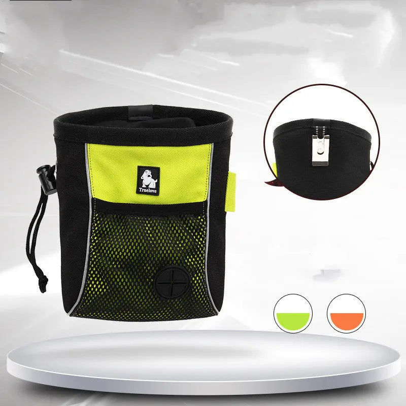 Green canvas dog training waist bag with a clip closure and removable waste bag compartment, shown on a belt.
