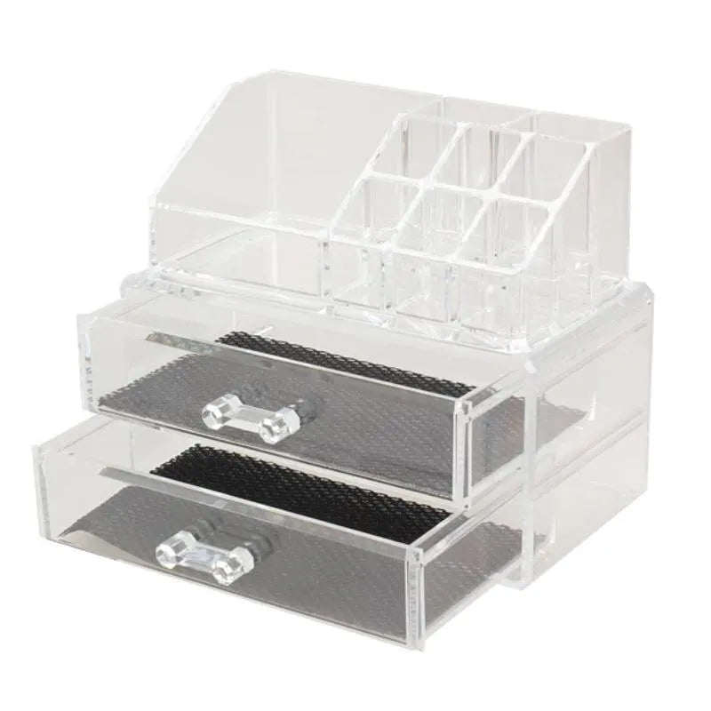 Clear acrylic foldable makeup storage box with 18-litre capacity on a dressing table.