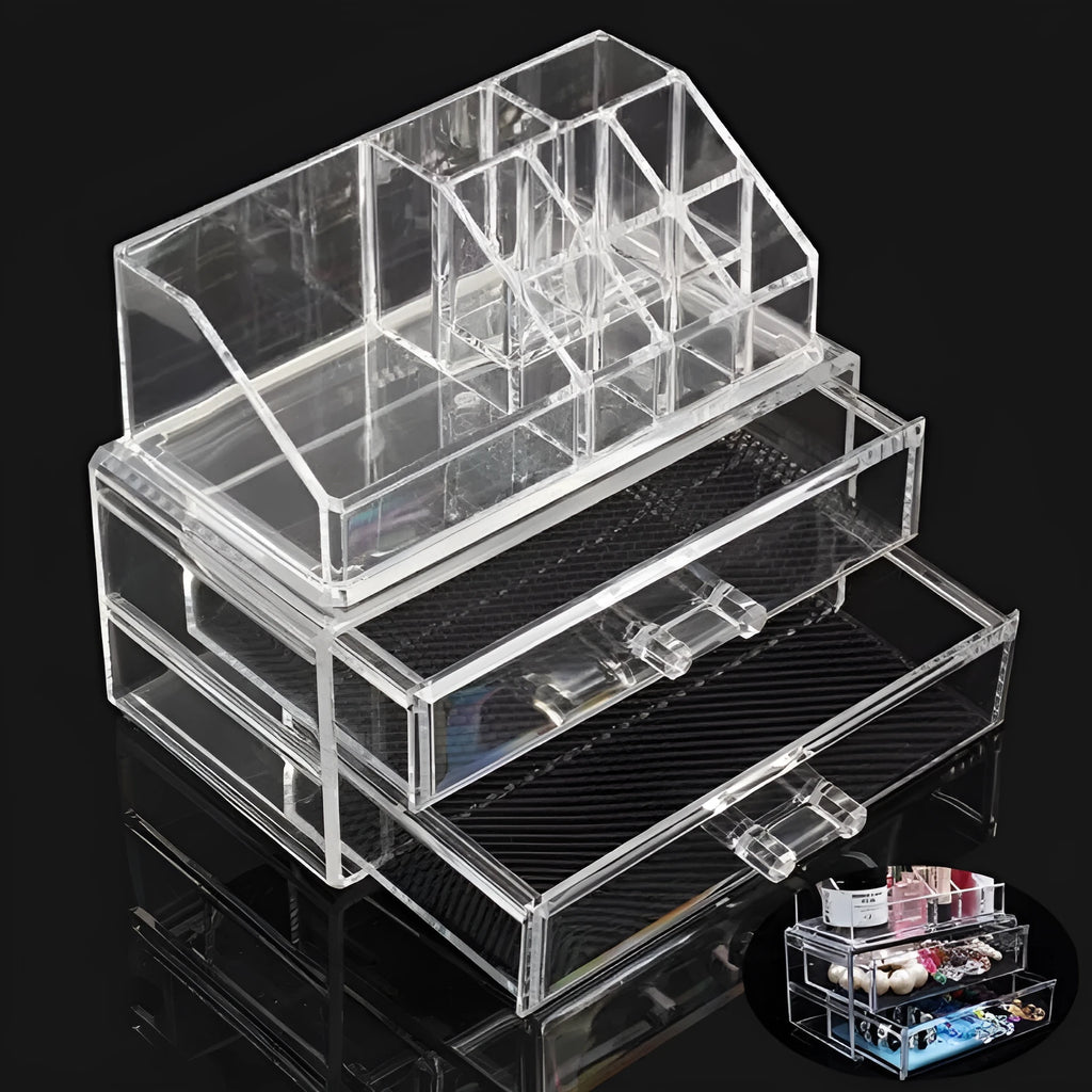 Clear acrylic foldable makeup storage box with 18-litre capacity on a dressing table.