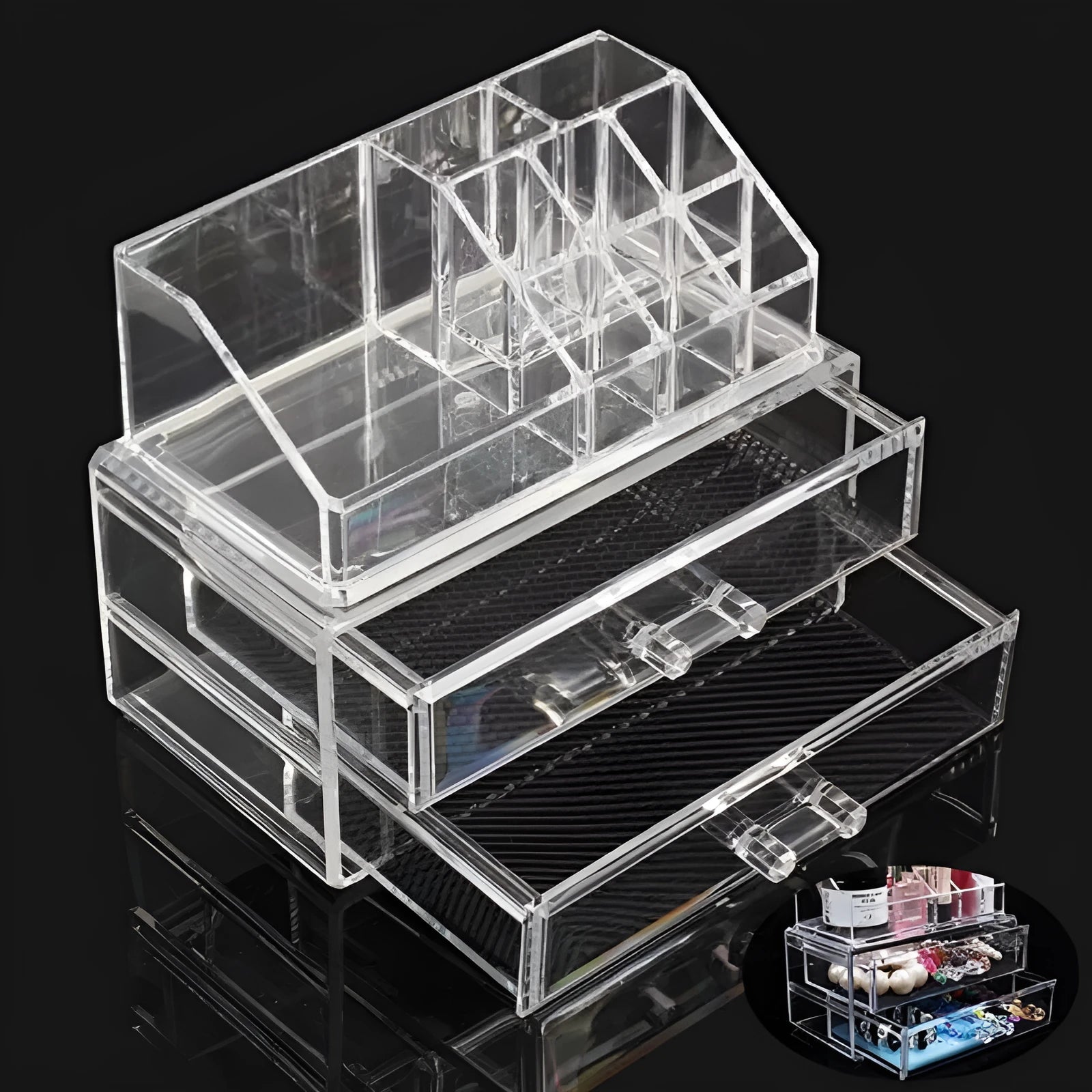 Clear acrylic foldable makeup storage box with 18-litre capacity on a dressing table.