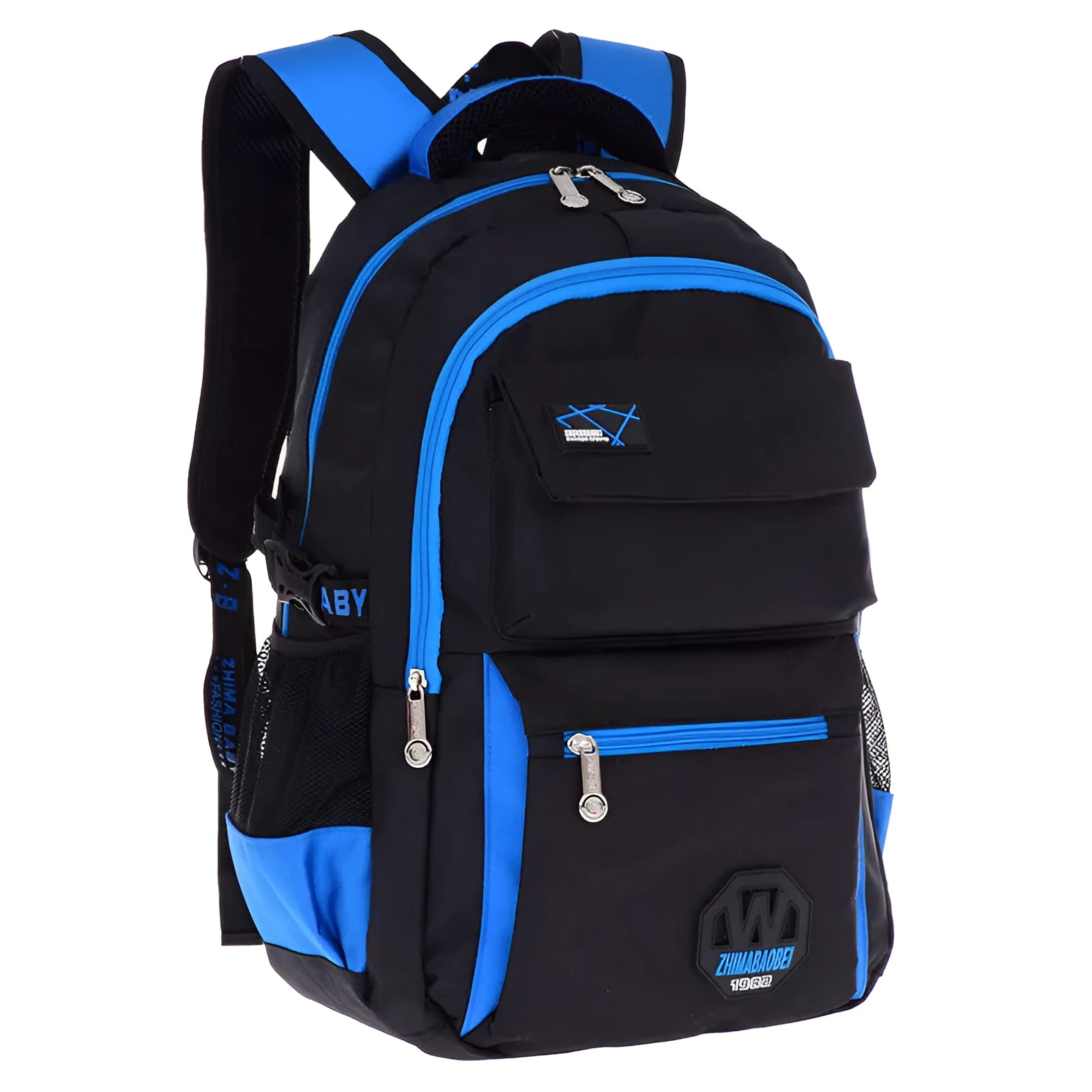 Nylon waterproof school backpack for students in green, with side mesh pocket and multiple compartments.