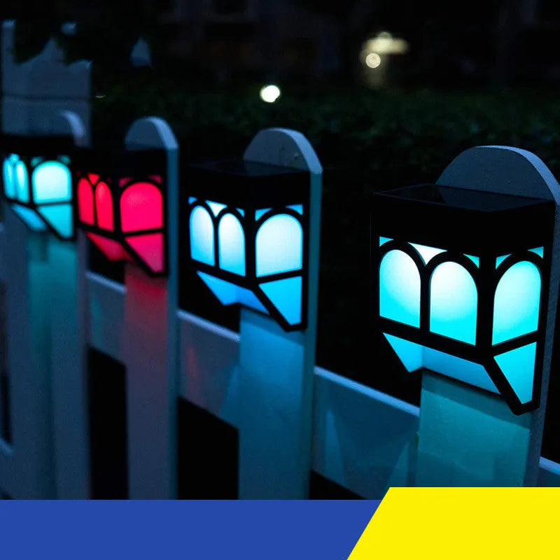 Square white solar-powered wall lamp with LED light, mounted on an outdoor brick wall.