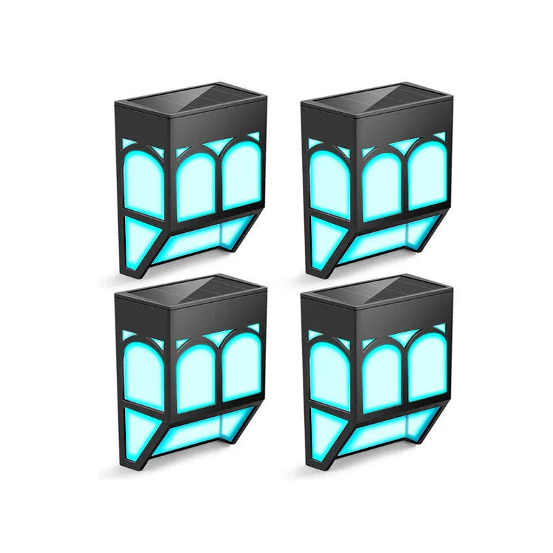 Square white solar-powered wall lamp with LED light, mounted on an outdoor brick wall.