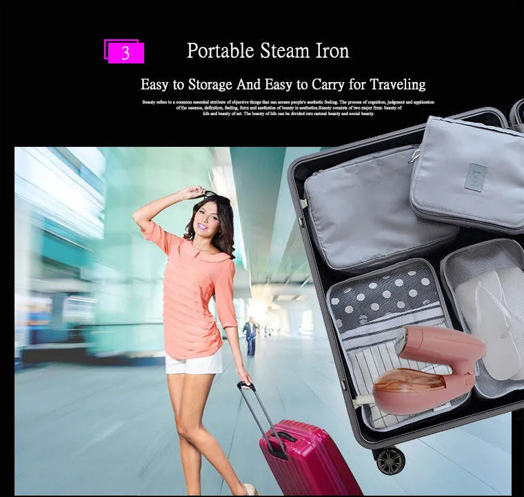 Pink Sokany handheld steam ironing brush with EU plug for portable garment care