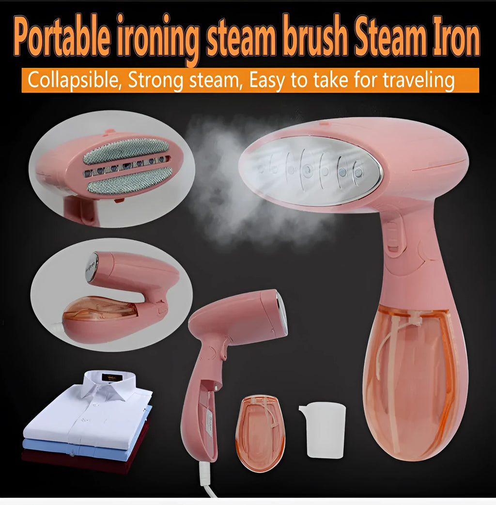 Pink Sokany handheld steam ironing brush with EU plug for portable garment care