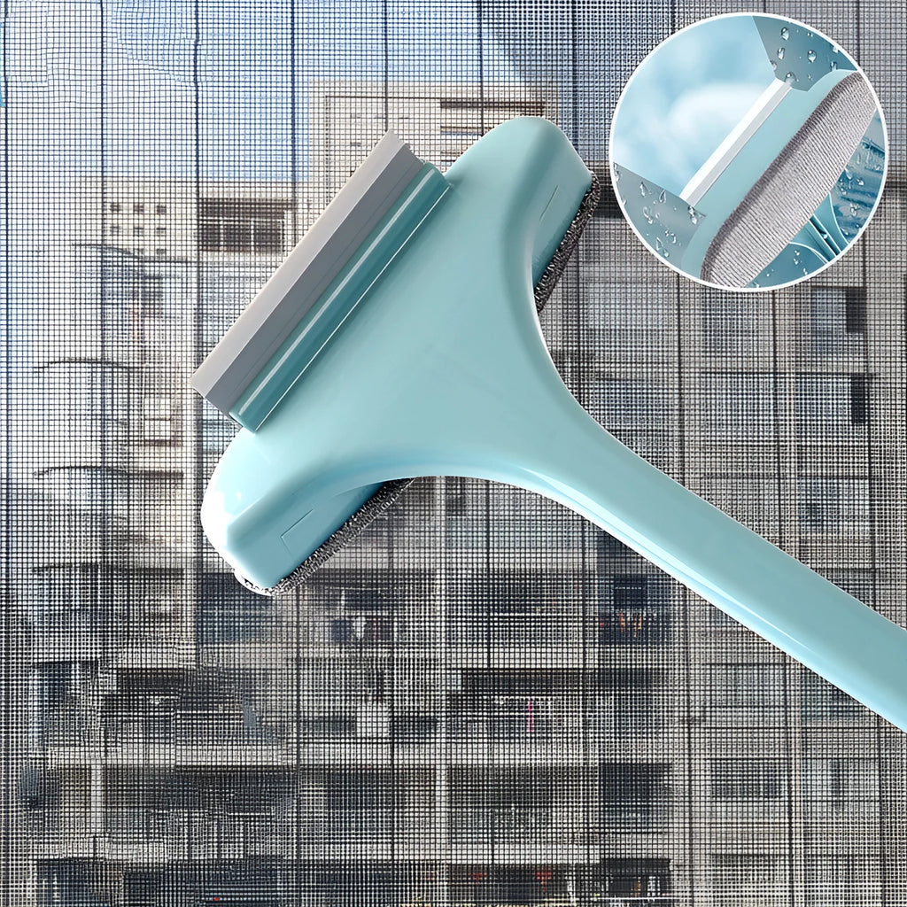 Blue and pink window screen cleaning brushes with removable heads and gap brush accessory