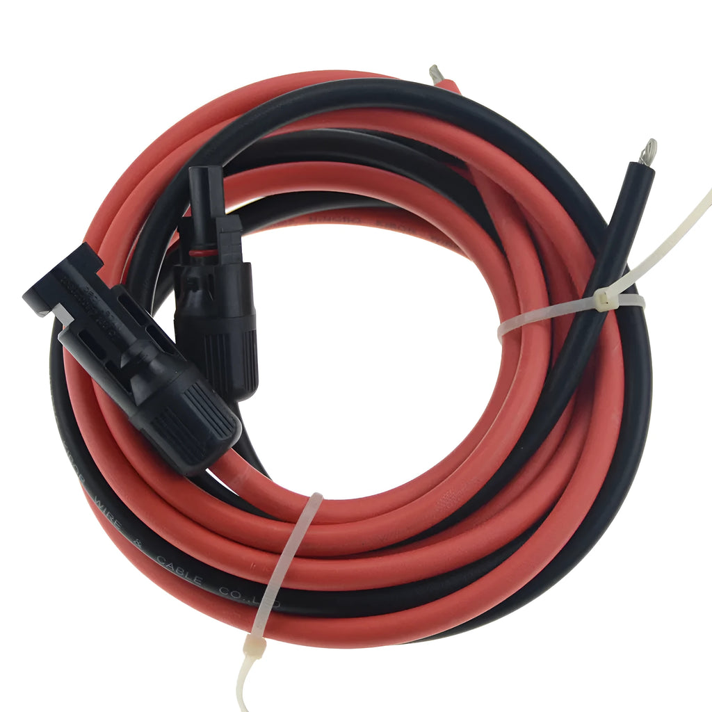 Black and red MC4 solar panel extension cables with connectors on a grey background.