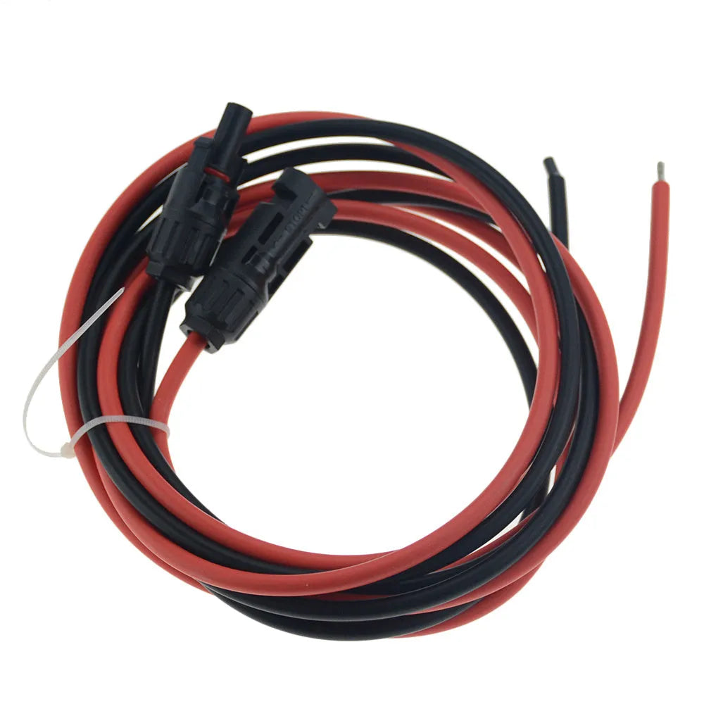 Black and red MC4 solar panel extension cables with connectors on a grey background.