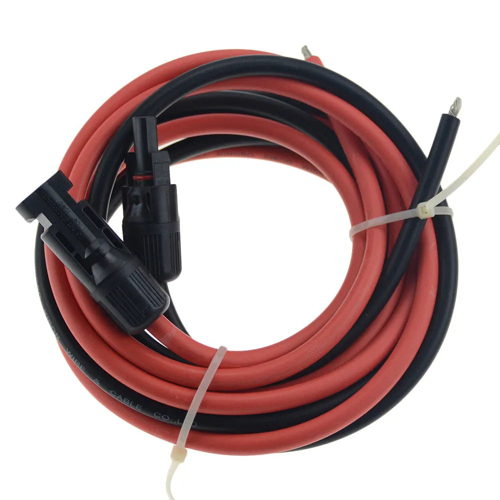 Black and red MC4 solar panel extension cables with connectors on a grey background.