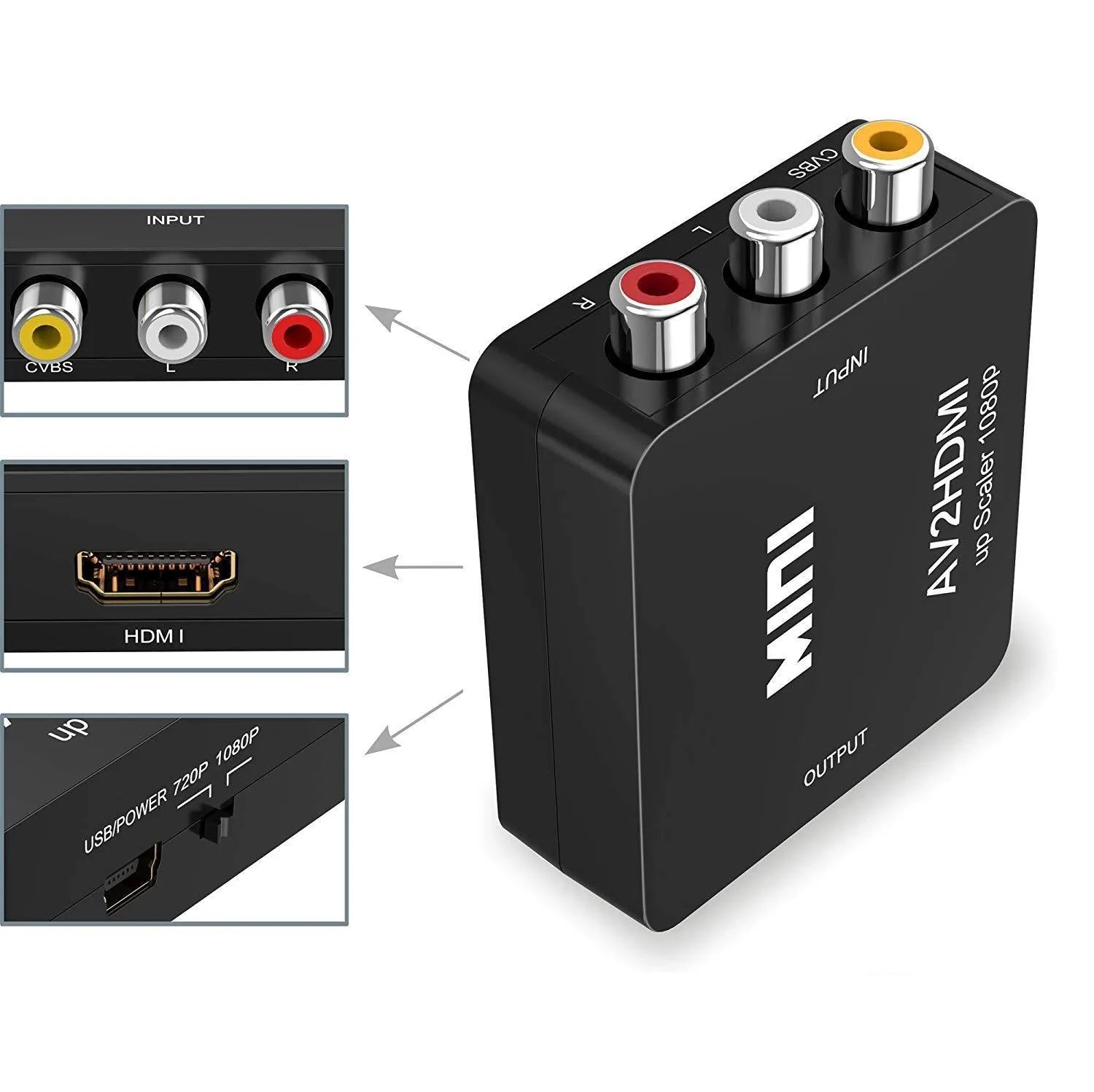 Black and white AV to HDMI converter with 0.5m cable for 1080p video conversion