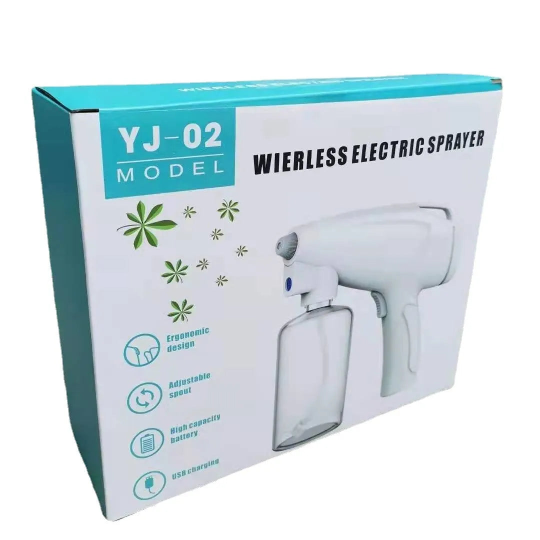 White handheld wireless electric spray disinfection gun with bottle and USB cable
