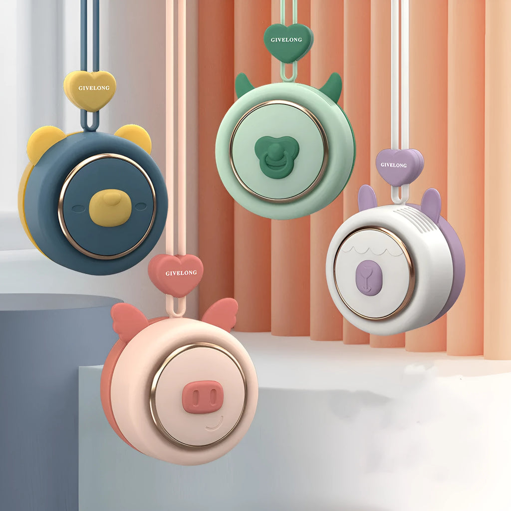 Mini bladeless neck fan with an adjustable rope, shown in a decorative colour variant.