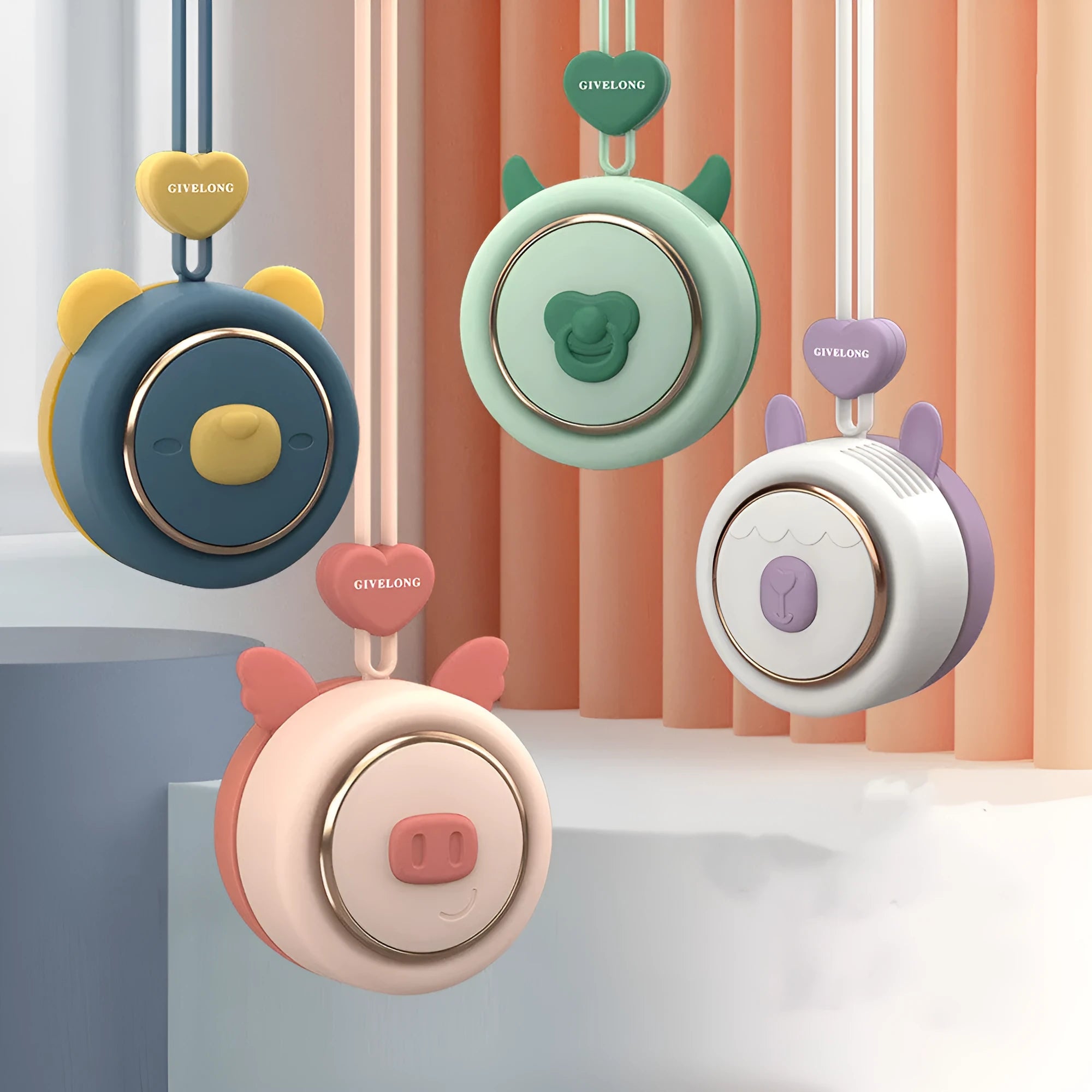 Mini bladeless neck fan with an adjustable rope, shown in a decorative colour variant.