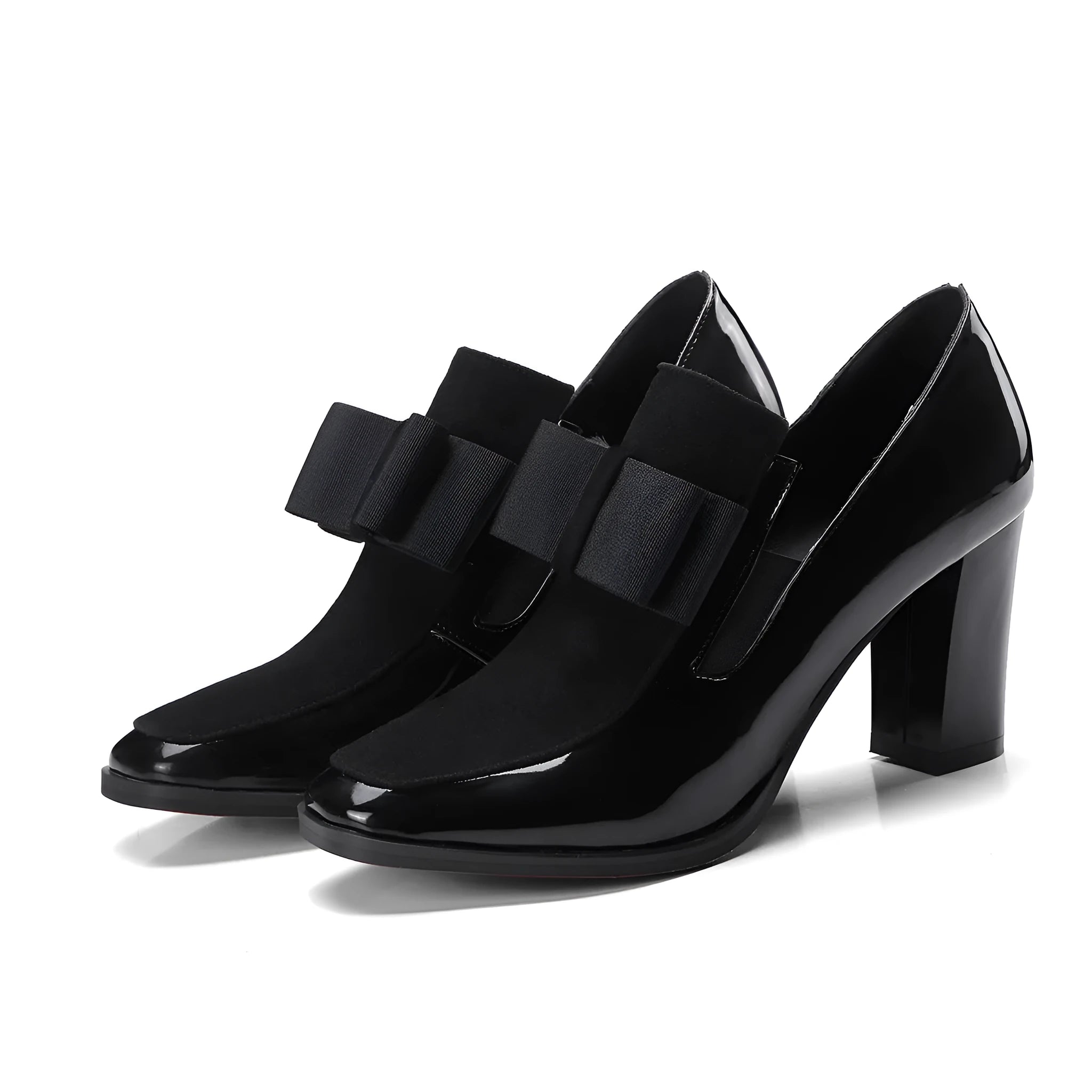 Women's patent leather high heels with thick heel above 8cm and square toe in black and wine red