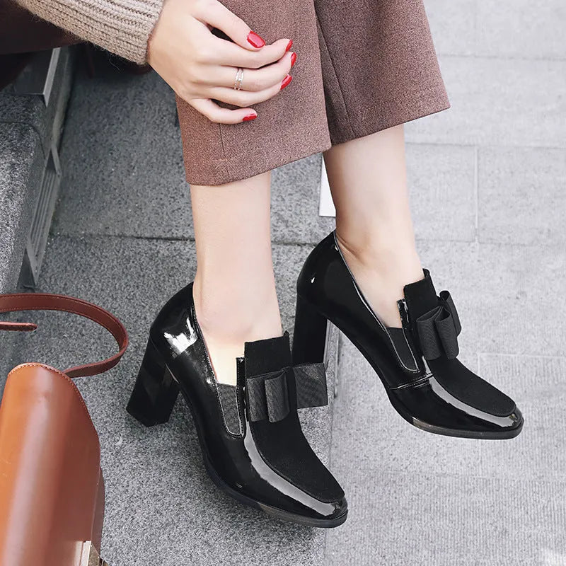 Women's patent leather high heels with thick heel above 8cm and square toe in black and wine red
