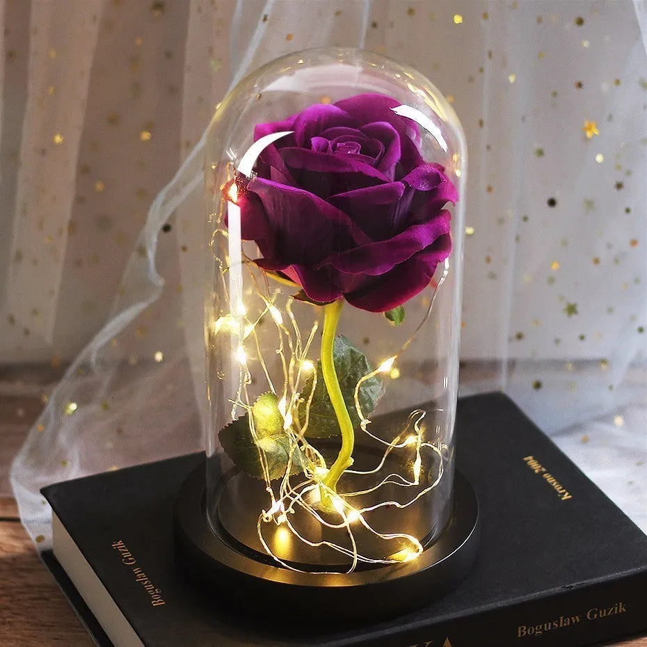 Silk flannel rose bouquet with glowing LED string lights on a wooden base, inside a gift box.