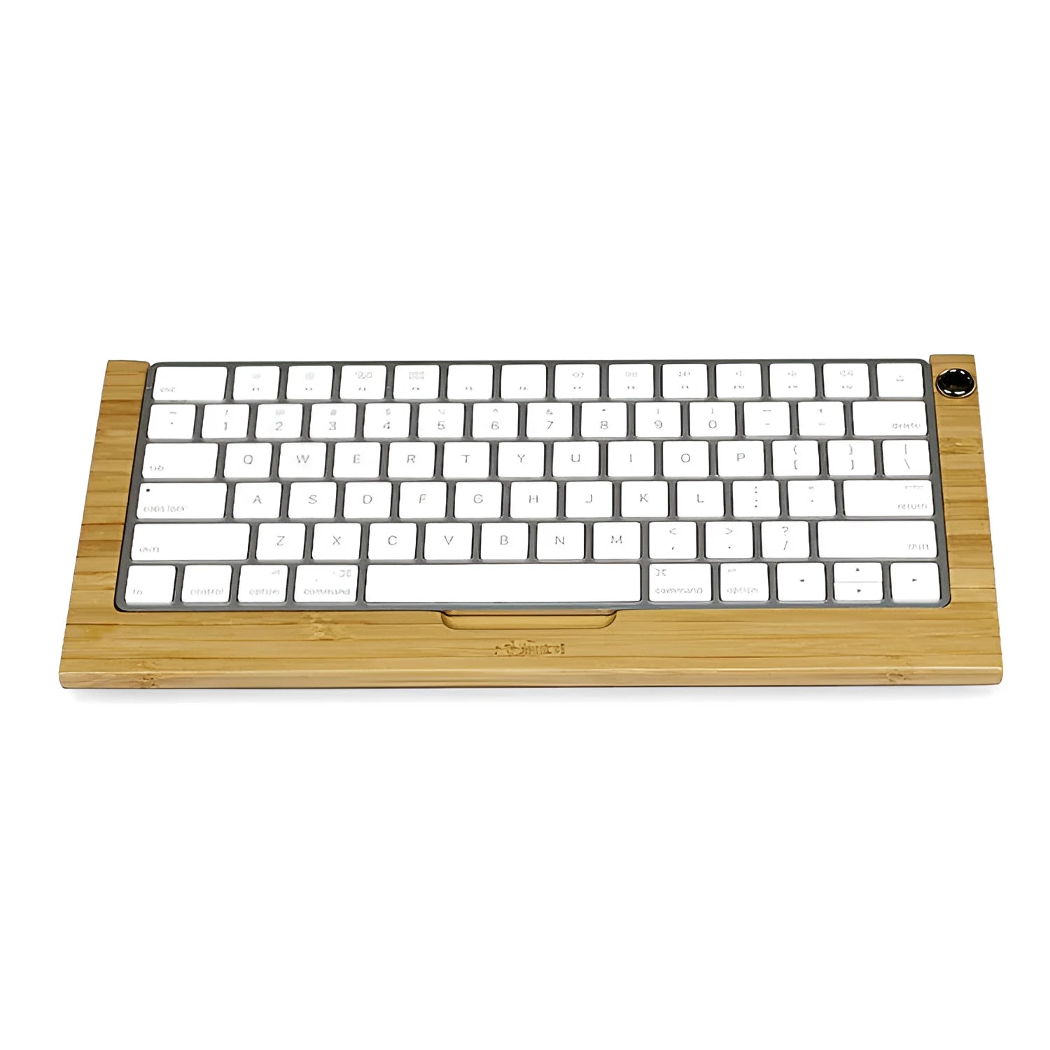 Bamboo holder for Apple Bluetooth Keyboard 2nd Generation with primary colour finish on desk