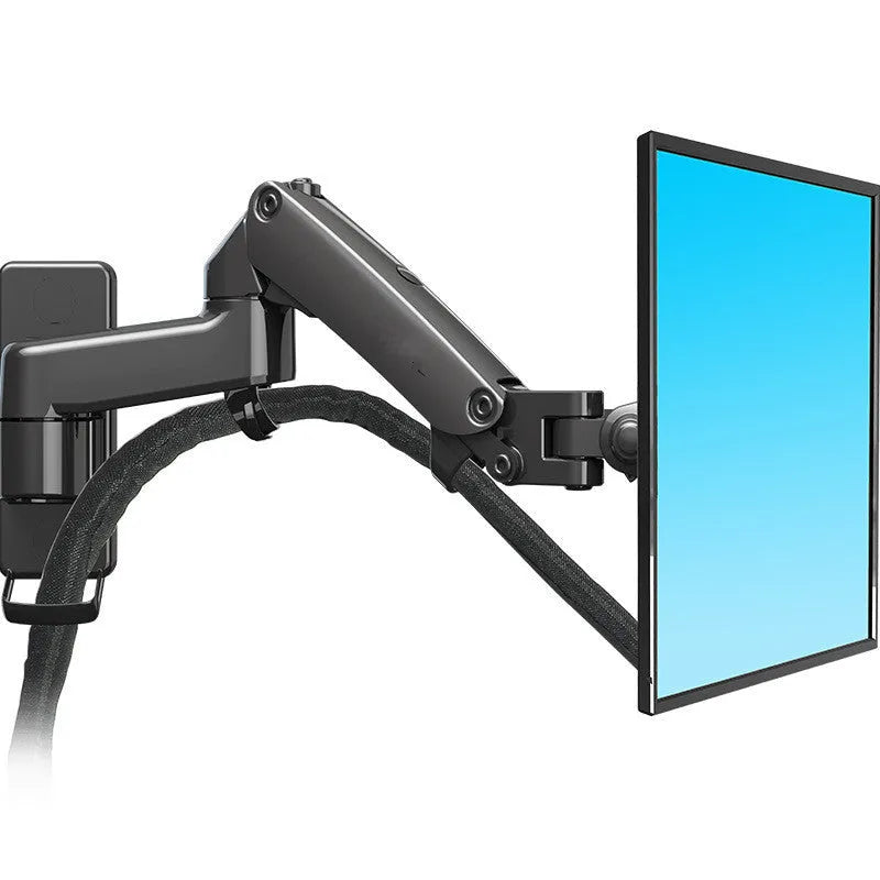 Black aluminium wall-mounted monitor stand with telescopic arm and rotation function