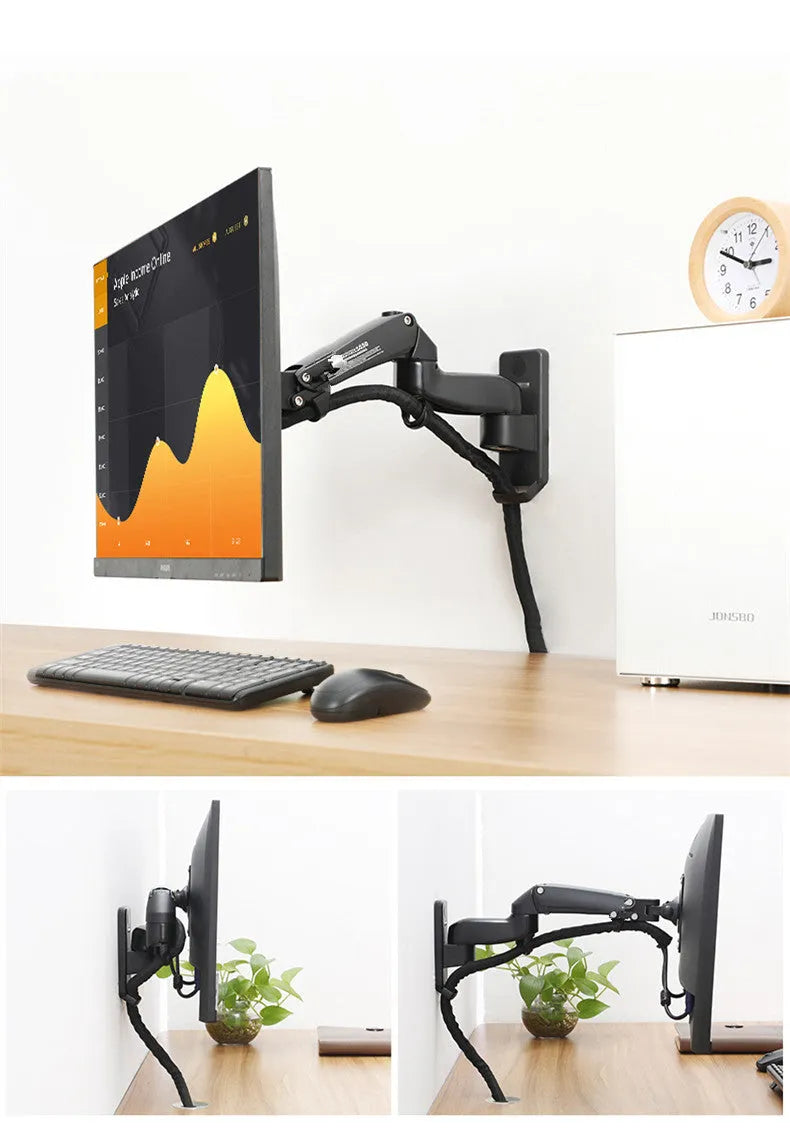 Black aluminium wall-mounted monitor stand with telescopic arm and rotation function