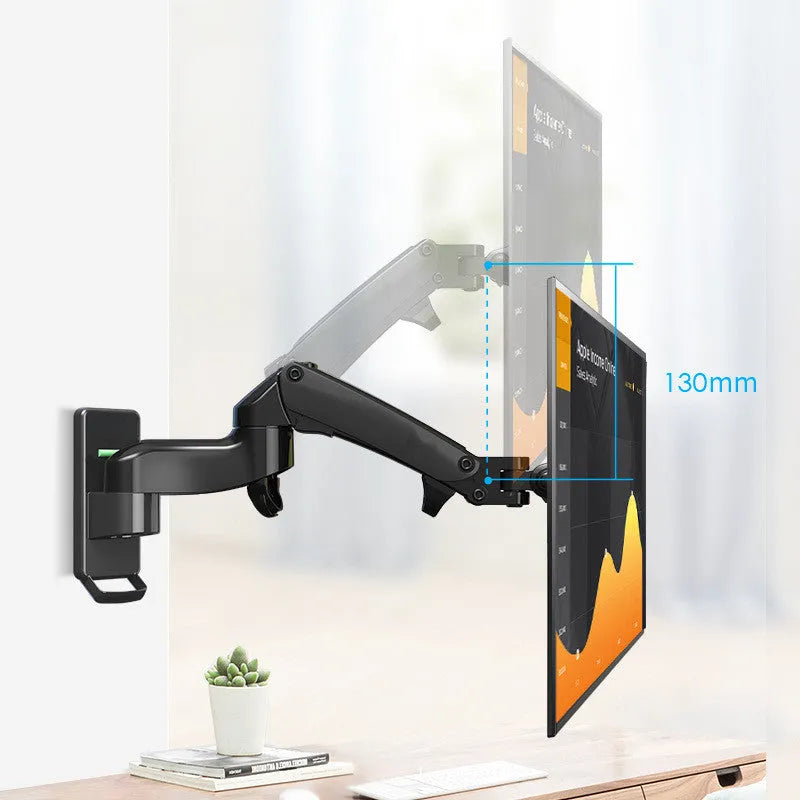 Black aluminium wall-mounted monitor stand with telescopic arm and rotation function