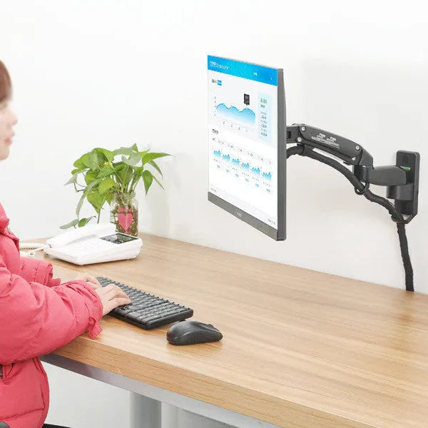 Black aluminium wall-mounted monitor stand with telescopic arm and rotation function