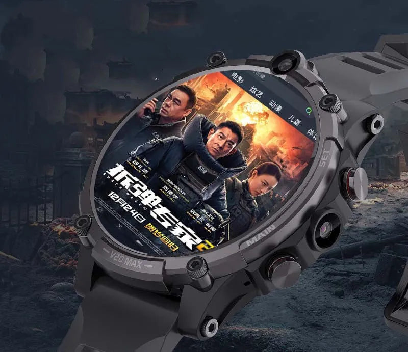 Black 4G smart watch with 1.6 inch screen, dual cameras and heart rate monitor on wrist strap
