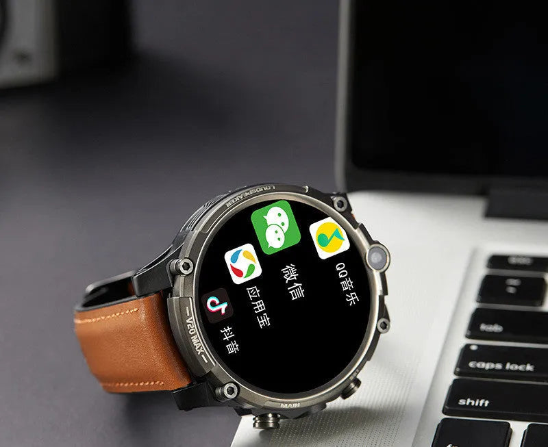Black 4G smart watch with 1.6 inch screen, dual cameras and heart rate monitor on wrist strap