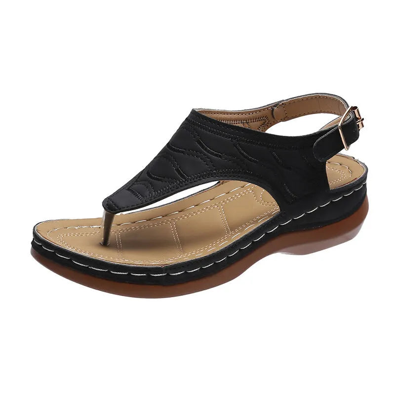 Women's wedge heel flip flop sandals with adjustable buckle strap in solid colours