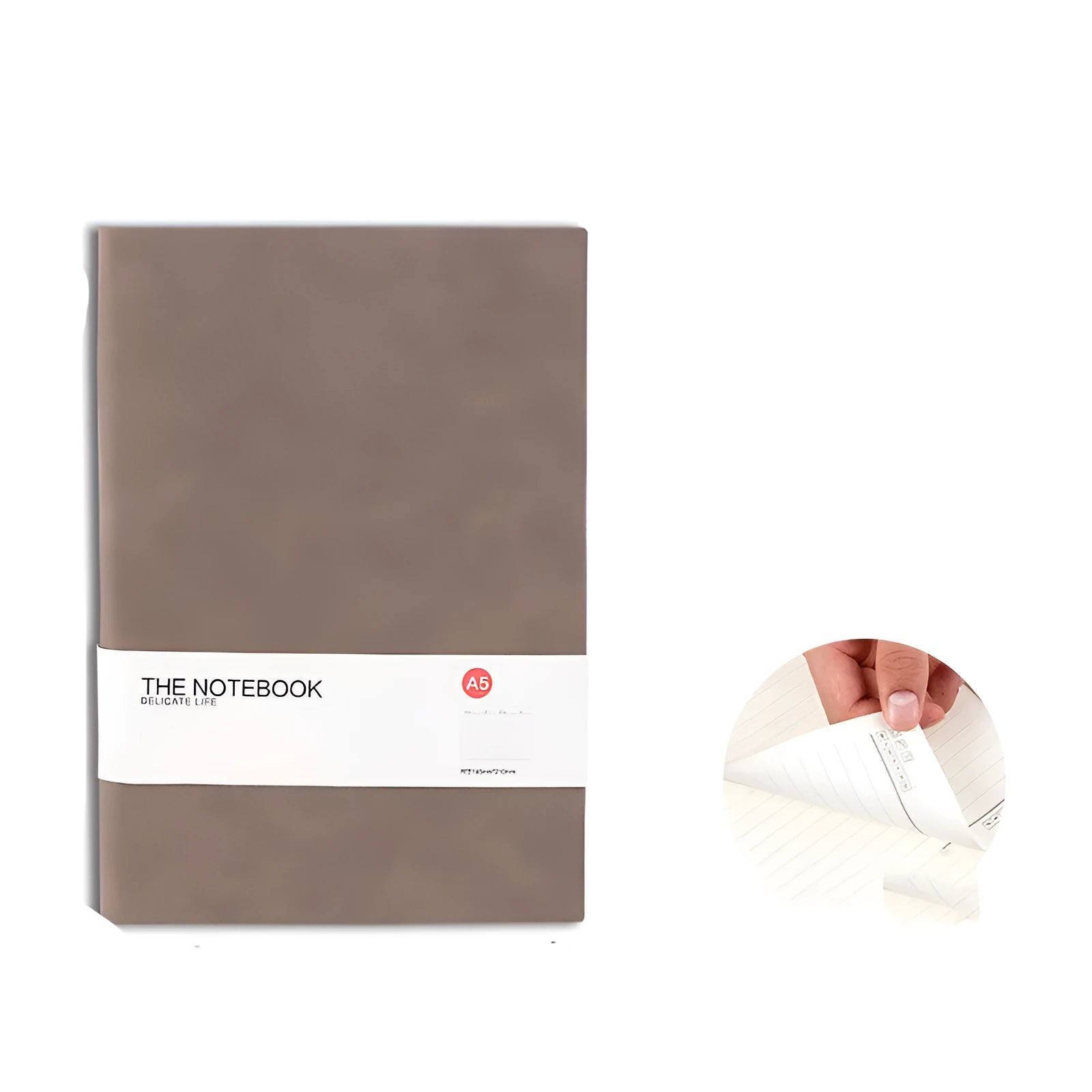Simple solid colour A5 notebook with thickened pages open on a desk, showing lined paper.