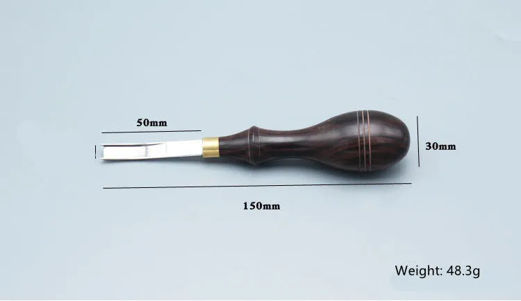 Leathercraft drum shovel edge shaver thinning knife with leather handle for wide edge sections.
