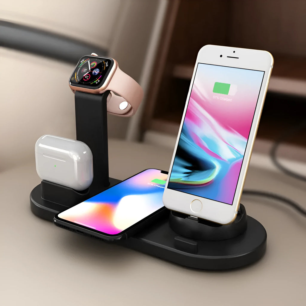 Three-in-one wireless charger stand with Apple Watch charging dock and headset holder for iPhone