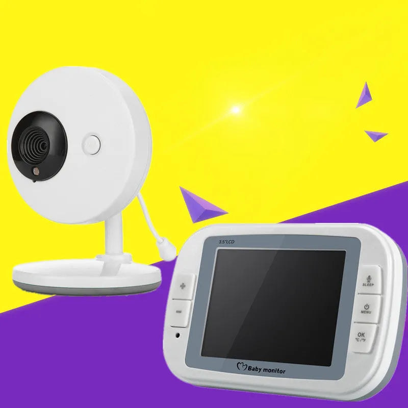 White wireless baby monitor with 3.5-inch screen showing nursery night vision view