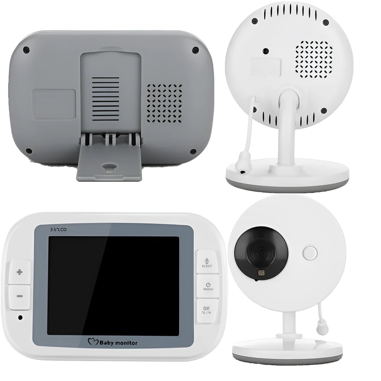 White wireless baby monitor with 3.5-inch screen showing nursery night vision view