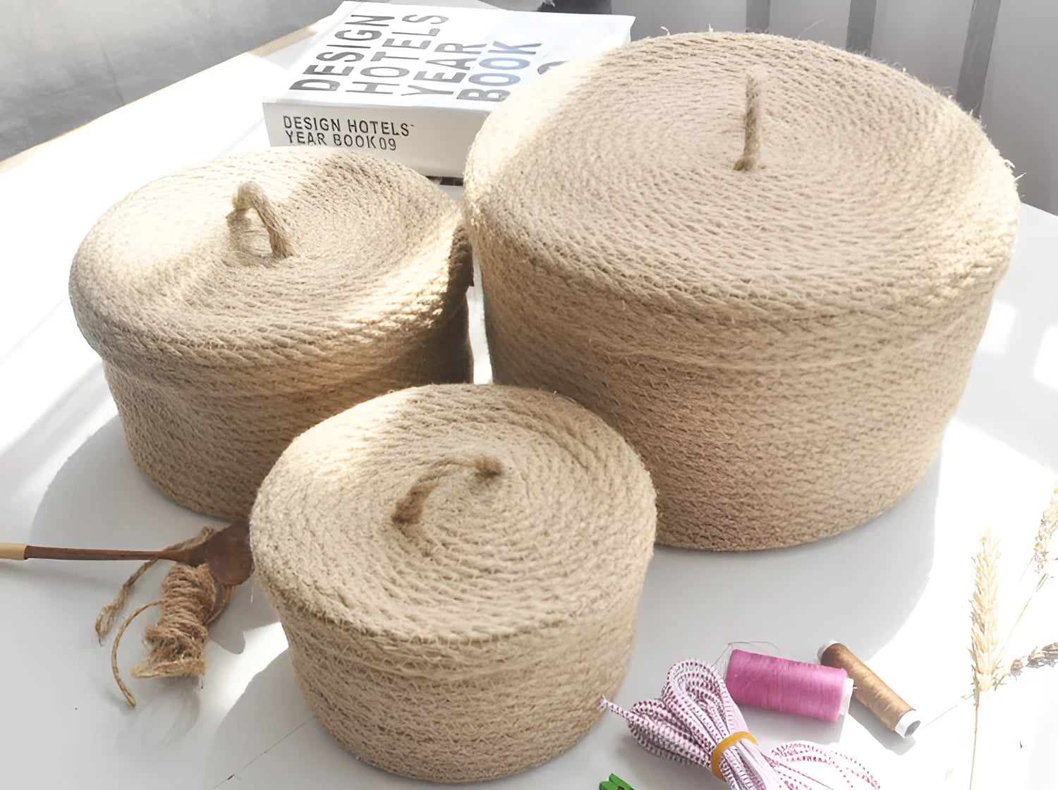Japanese linen fabric storage basket with dustproof cover in three sizes for bedroom organisation
