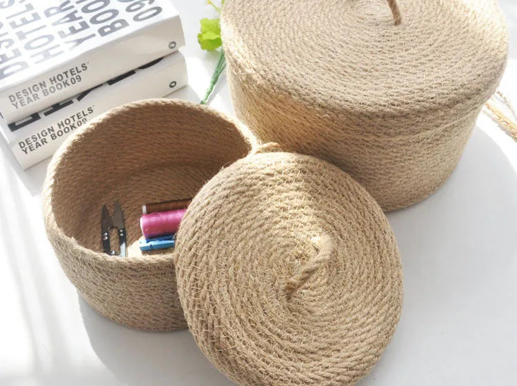 Japanese linen fabric storage basket with dustproof cover in three sizes for bedroom organisation